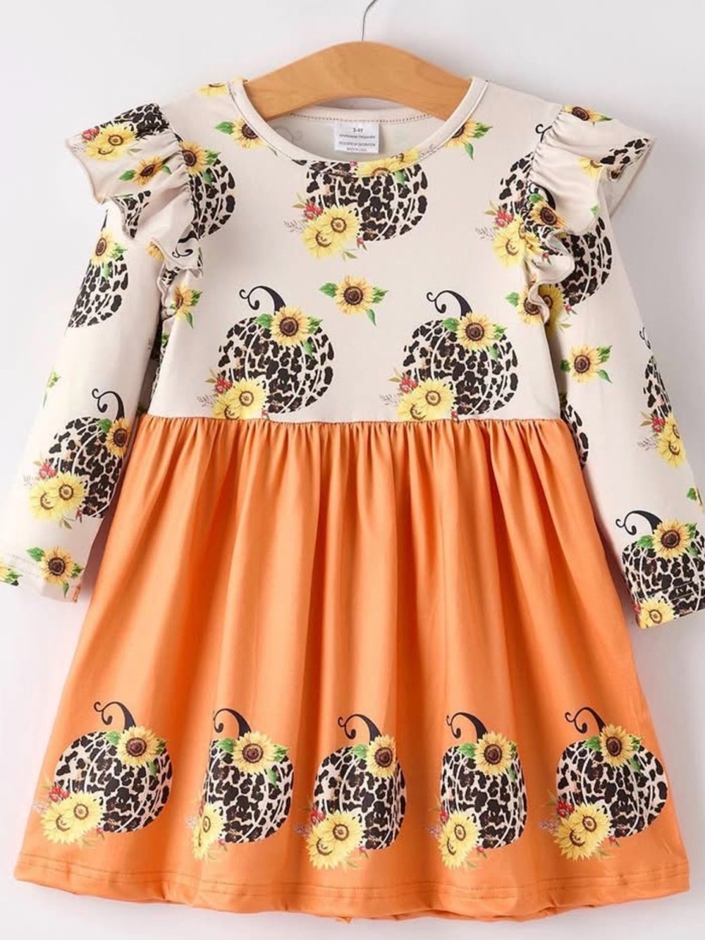 Girls' Cream & Orange Sunflower Pumpkin Ruffle Dress